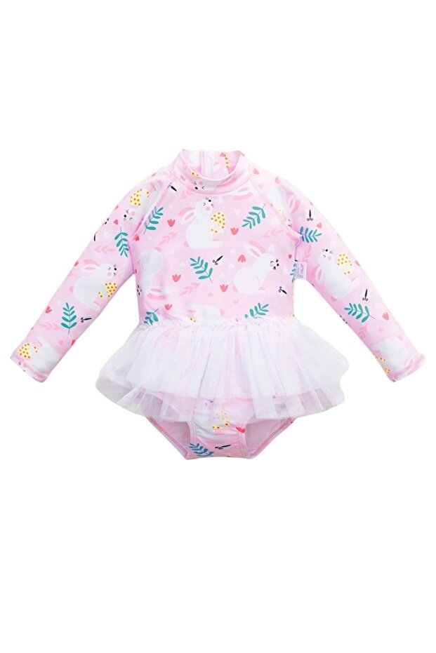 Upf50+ Sun Protection Super Cute Rabbit Patterned Girls' Swimsuit with Tutu Skirt
