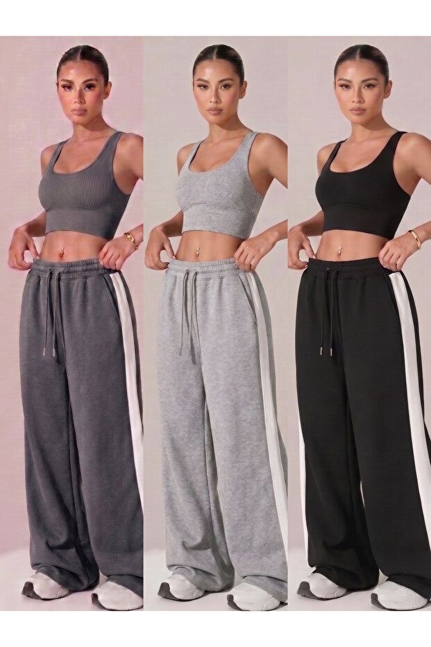 3-Piece Women's Baggy Comfortable Cut White Striped Loose Sweatpants