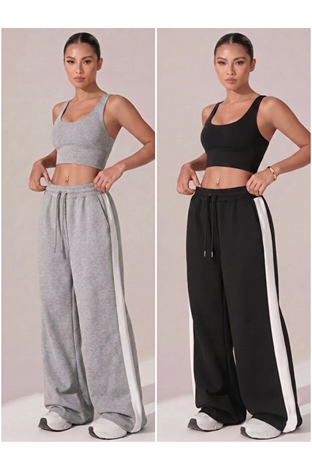 2-Piece Women's Baggy Relaxed Fit White Striped Loose Sweatpants