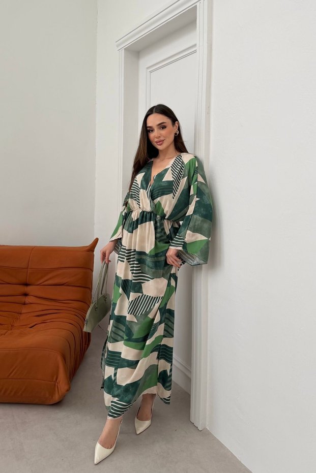Green Patterned Long Sleeve Dress with Slit Detail