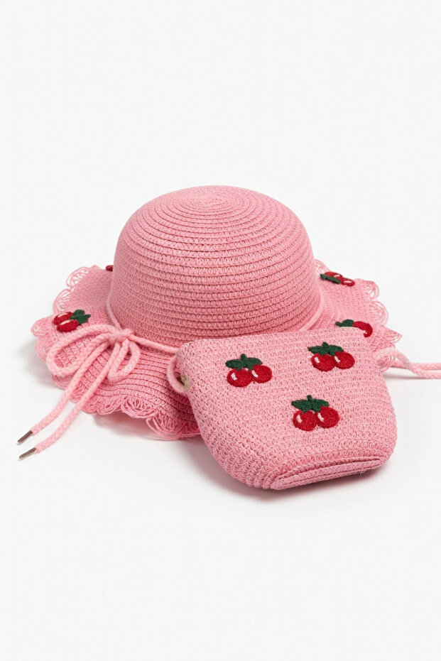 Girl's Cherry Figured Gift Pink Straw Hat and Bag Set | Suit for Summer Beach