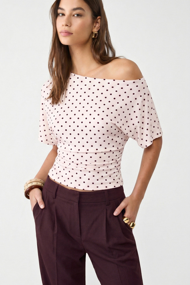 Pink Polka Dot Asymmetrical Waist-Fitted 97% Cotton Bat Sleeve Blouse