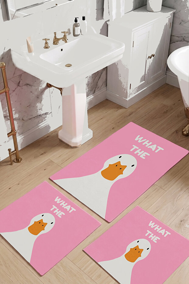 What the Duck Pink 3-Piece Bath Mat, Non-Slip Base, Washable 60X100 50X60 50X60 cm