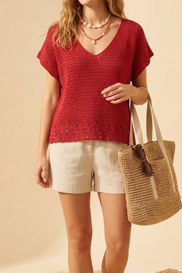 Women's Mesh Knitted Deep Neck Casual Bohemian Beach Style Summer Knitwear Sweater