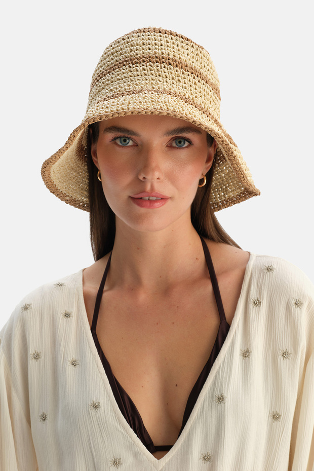 Ecru Women's Striped Patterned Straw Hat