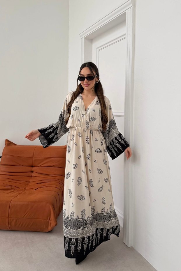 Black Patterned Long Sleeve Dress with Slit Detail