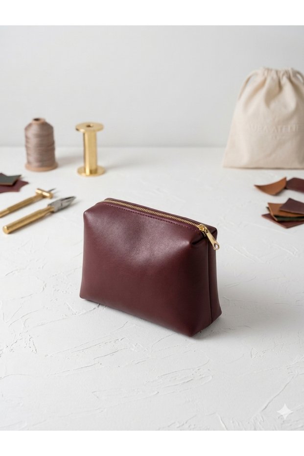 Women's Burgundy Makeup Bag Faux Leather Organizer