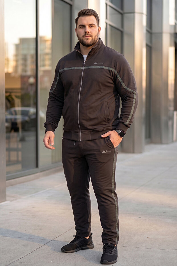 Large Size Men's Straight Leg Pants and Jacket Cotton Tracksuit Set 3715 Black
