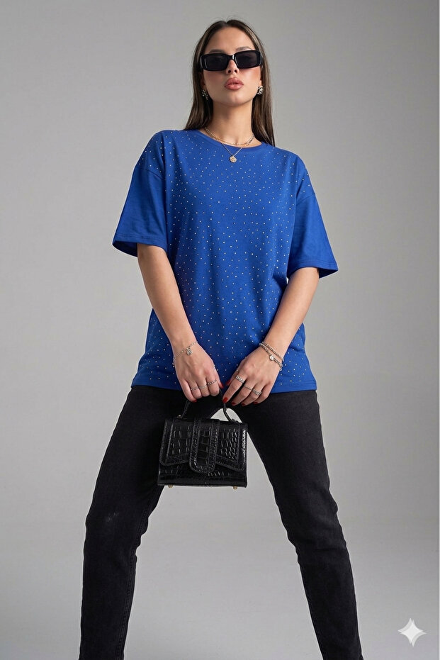 Women's crew neck short sleeve diamond pattern knit blouse with stone embellishments 4193