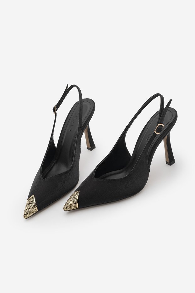 Women's Stiletto Pointed Toe Shoes with Gold Metal Buckle on the Front, Open Back, Classic Heeled Shoes, Karima Black Satin