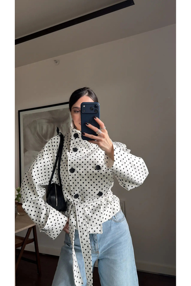 Women's Stand Collar Belted Polka Dot Trench Coat