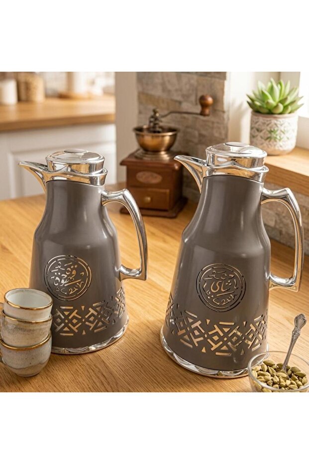Silver & Gray Arabic Pattern Vacuum Flask Serving 700ml–1L \ - 2