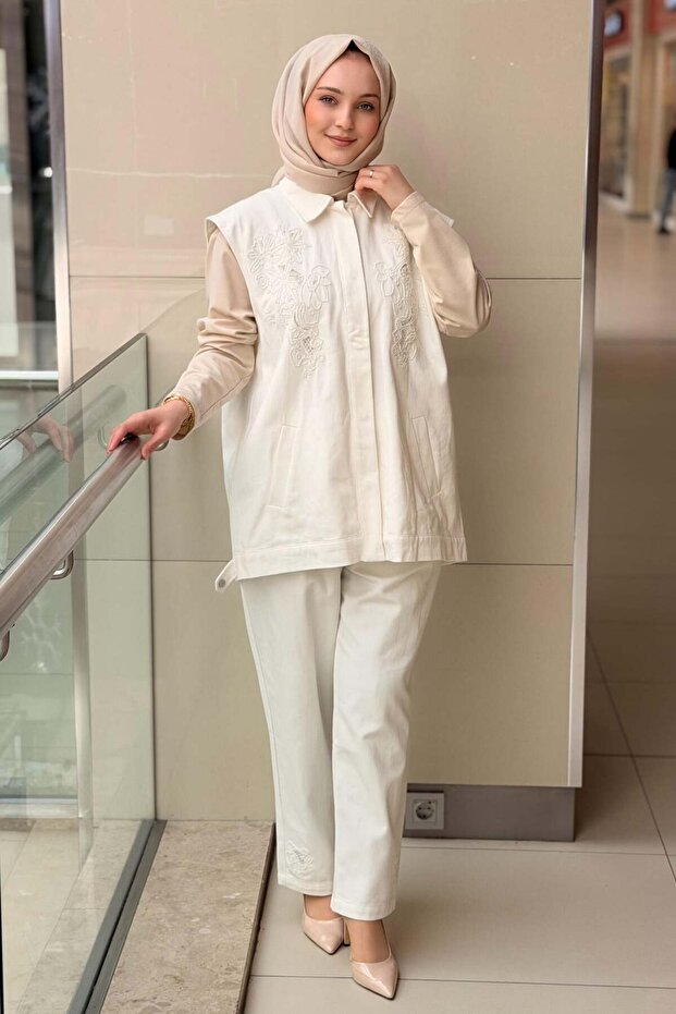 Bead Embellished Front Snap Vest Trouser Set 9255