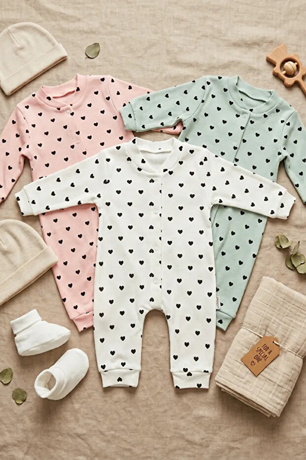 3-Pack Newborn Baby Rompers |   Long Sleeves, Snap Fasteners, Heart Pattern, 100% Cotton |   Hospital Exit