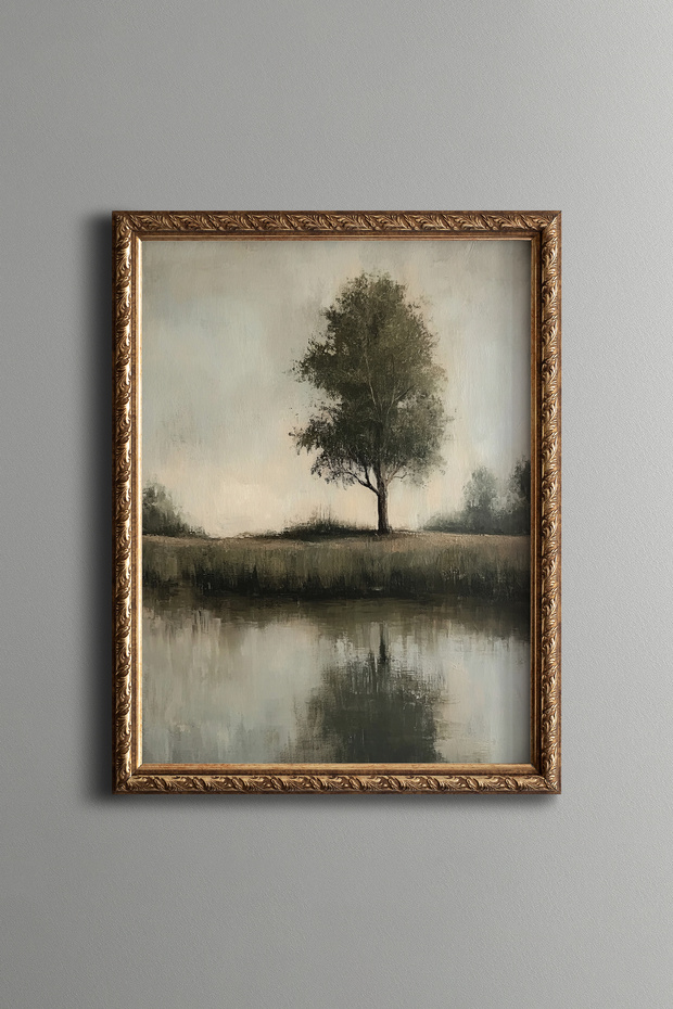 Single Tree by the Lake - Vintage Patterned Frame - Slim Model