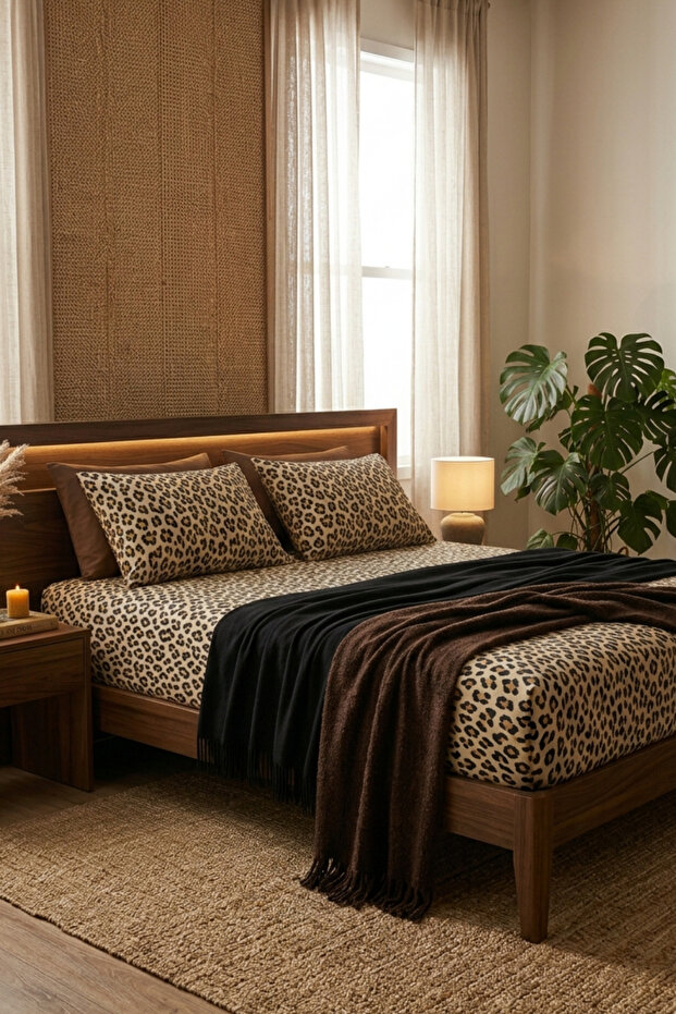 Double Leopard Pattern Fitted Elastic Sheet Set 180X200 cm with Covered Pillowcases 2 Pieces 50X70Cm