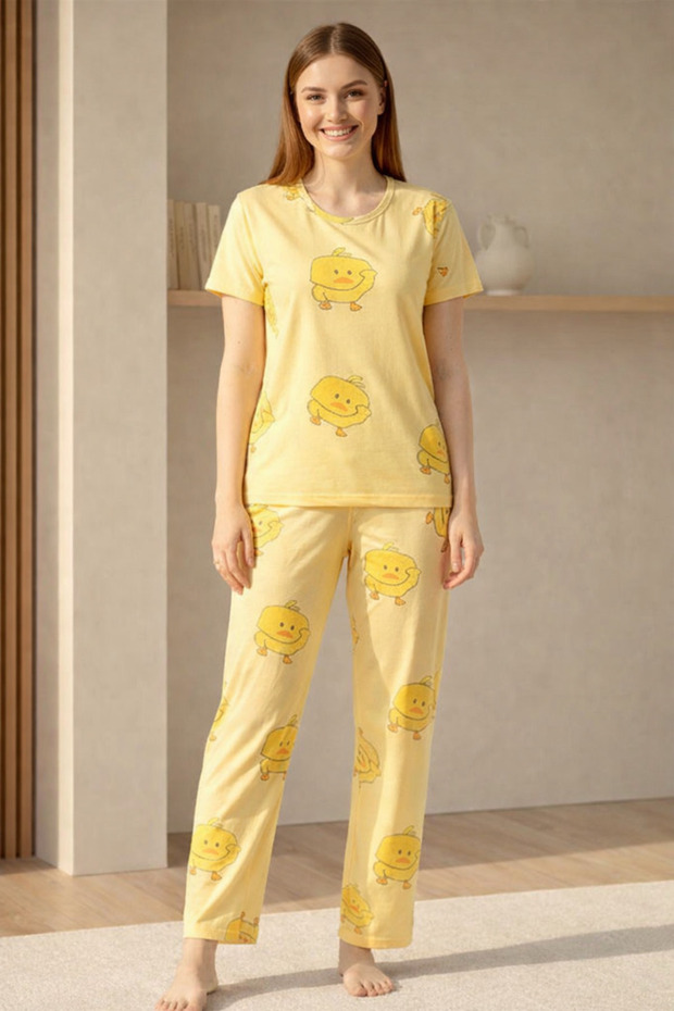 Printed Chick Pattern Pajama Set Patterned Top and Bottom Set - 2