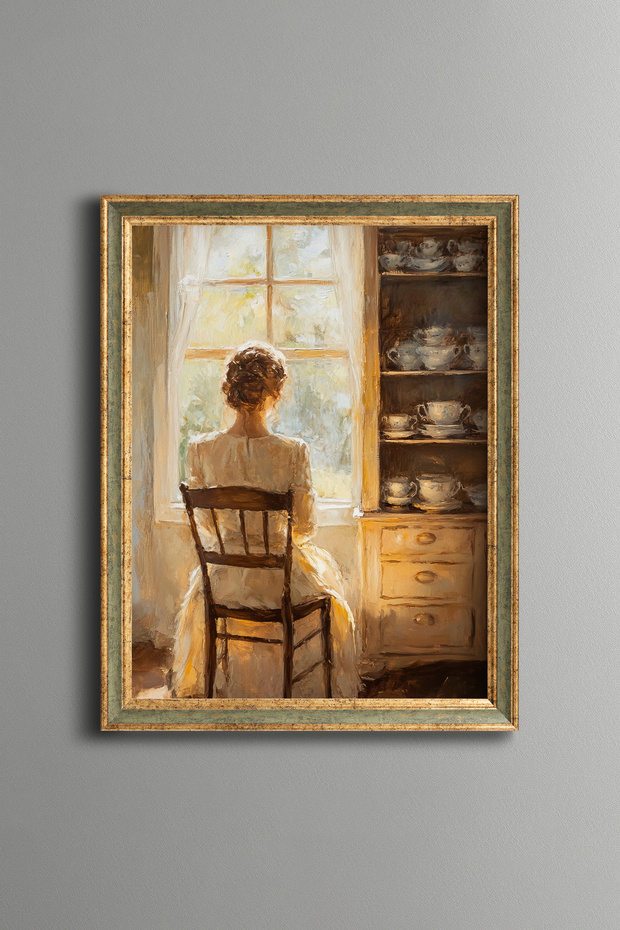 Woman Sitting in Front of the Window - Vintage Patterned Frame - Slim Model