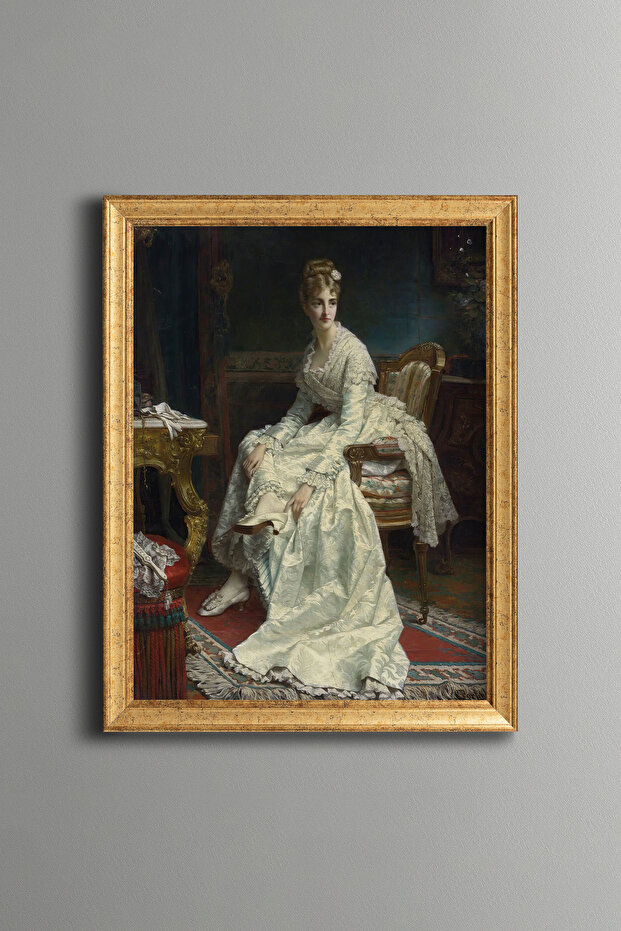 Elegant Woman Sitting in Classic Salon - Vintage Patterned Frame - Slim Model