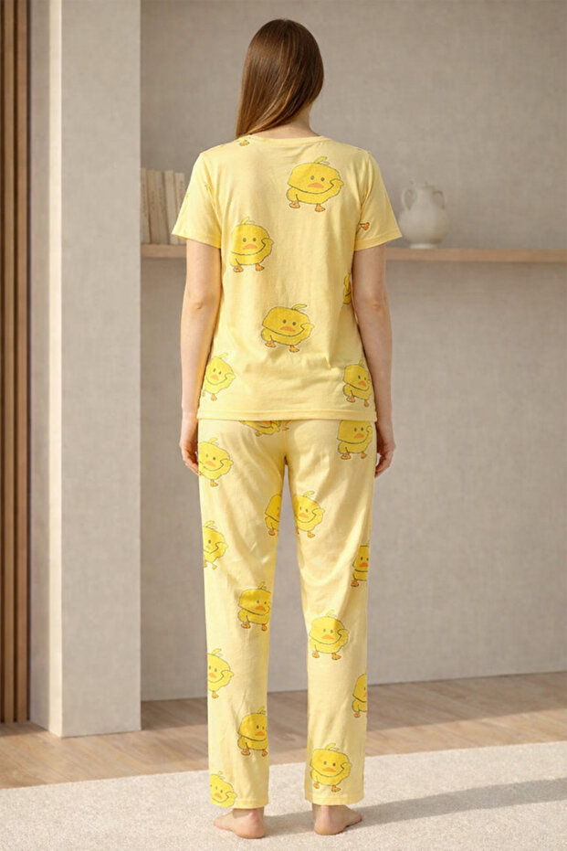 Printed Chick Pattern Pajama Set Patterned Top and Bottom Set - 3