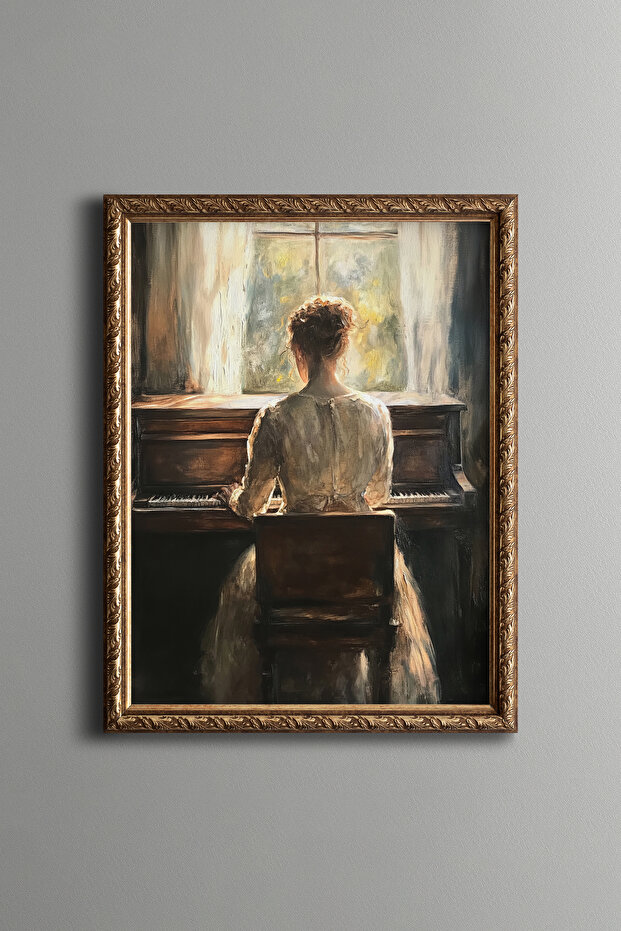 امرأة تعزف على البيانو - إطار بنمط عتيق - موديل نحيف