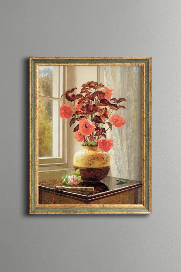 Red Poppies and Decorative Vase - Vintage Patterned Frame - Slim Model