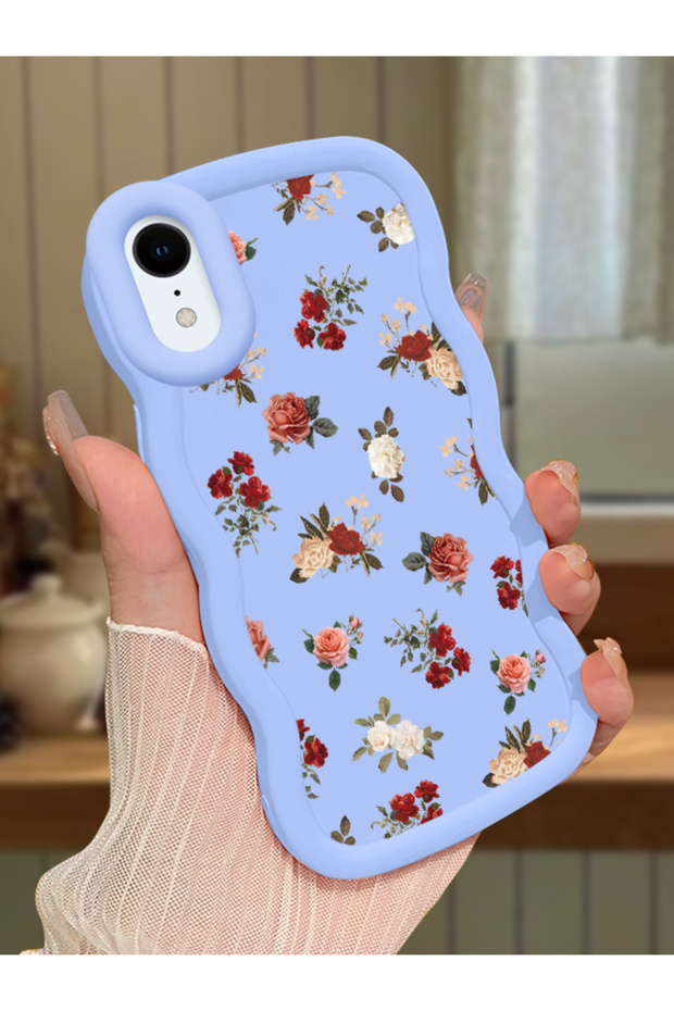 iPhone Xr Compatible Shockproof Simple Blue Silicone Phone Case Cover Flower Pattern