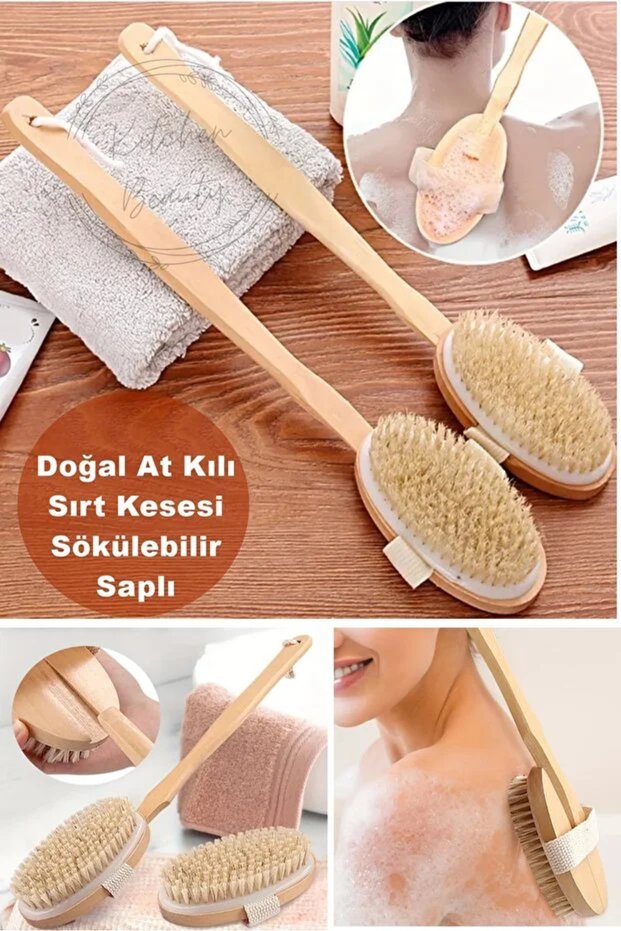 Natural Horsehair Bath Back Scrub with Long Detachable Handle Soft Brush Natural Scrub with Wooden Handle