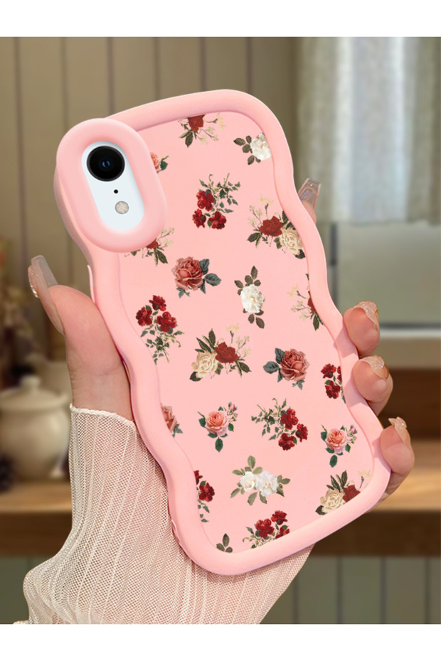 iPhone Xr Compatible Shockproof Simple Pink Silicone Phone Case Flowers Pattern