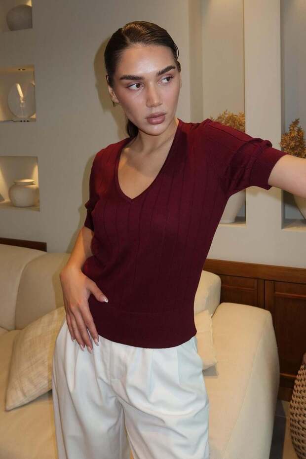 Burgundy V-Neck Knitted Women's Knitwear T-Shirt Sh372