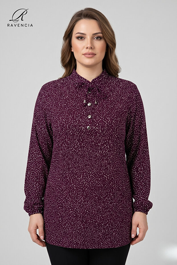 Women's Burgundy Plus Size Geometric Flare Patterned Judge Collar Lace-Up Buttoned Hijab Tunic
