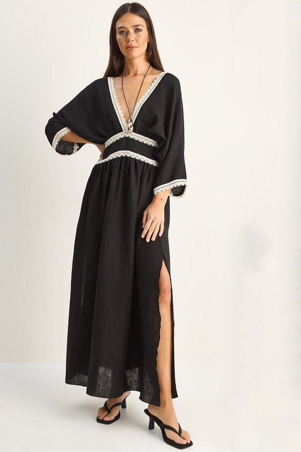 Women's Black Lace Detailed V-Neck Waist Slit Muslin Maxi Dress 6019 60286185