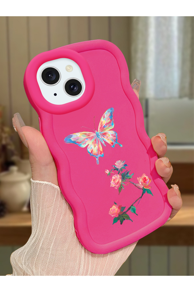 iPhone 15 Plus Compatible Shockproof Simple Red Silicone Phone Case Butterfly Pattern