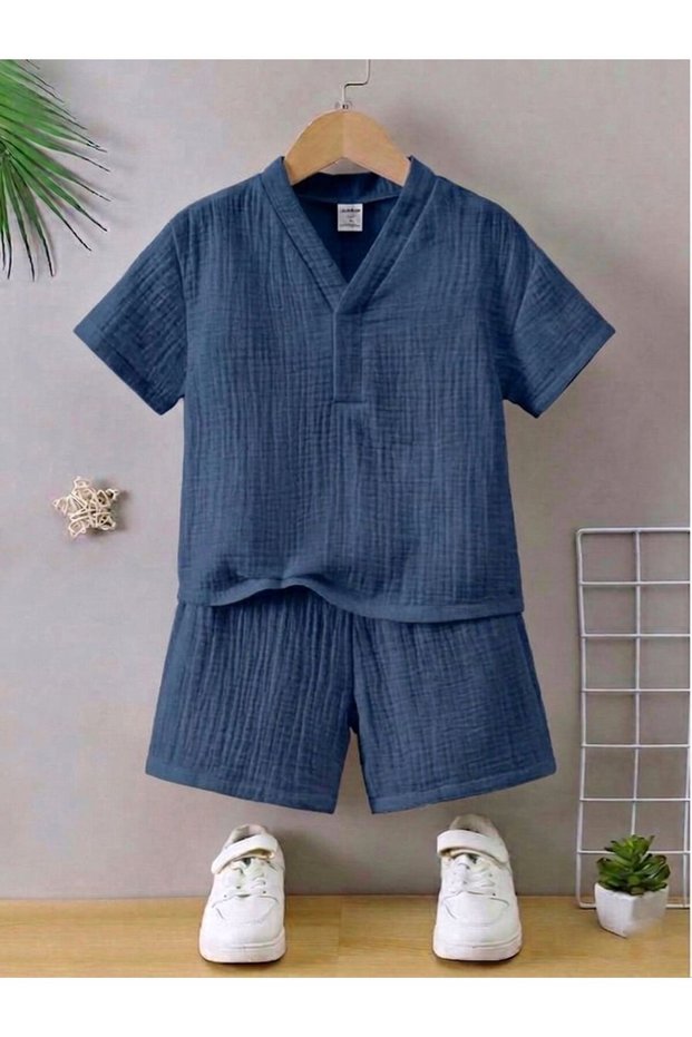 Boy's Indigo Blue 100% Cotton Muslin Fabric Collar Detailed T-Shirt-Shorts (Holiday, Special Occasion Bottom-Top Set)