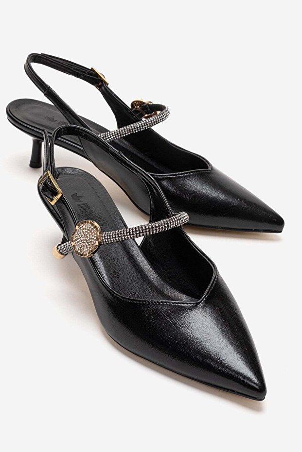 Thin Heeled Buckle-Strapped Stoned Open-Back Pointed-Toe Heeled Sandals Black Wrinkled