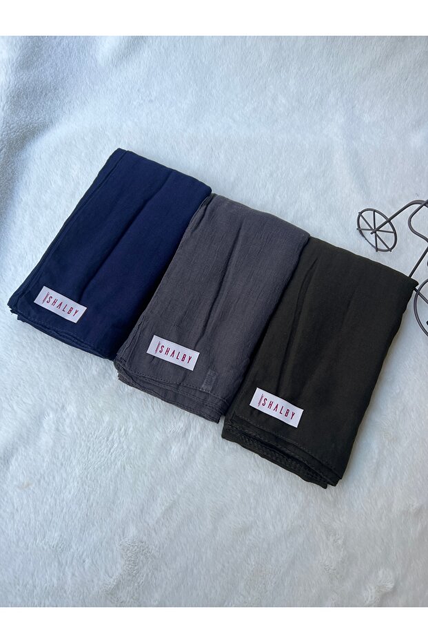 Hijab Plain Cotton Crash Shawl Set of 3 (Dark Navy Blue- Anthracite- Dark Khaki)