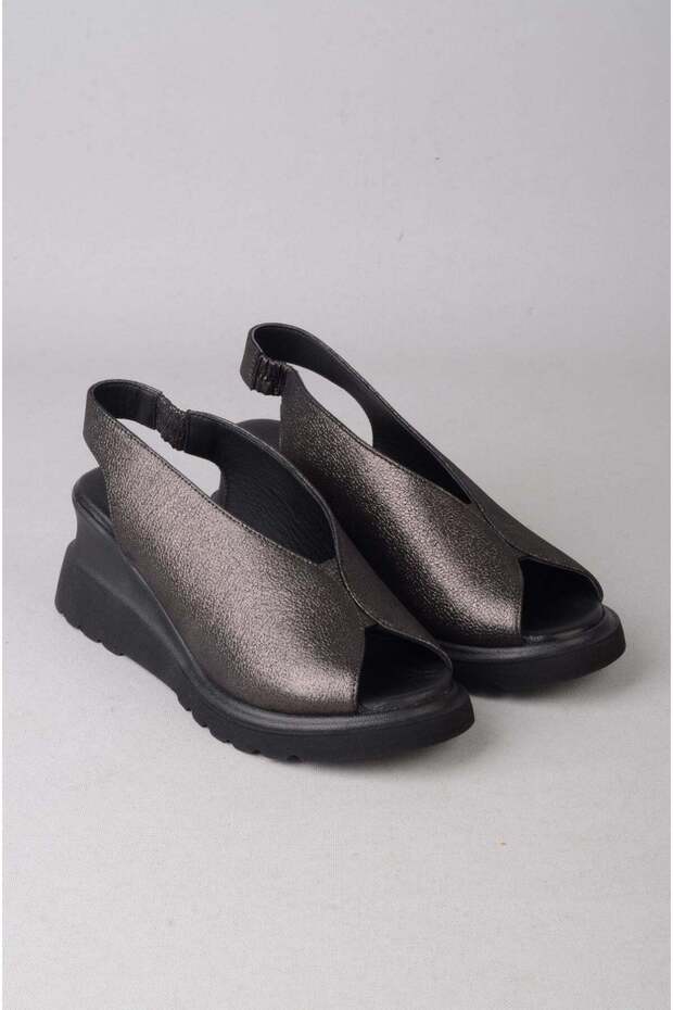 Seç 888853 Genuine Leather Padded Heel Sandals (Heel: 6cm) Black Silvery