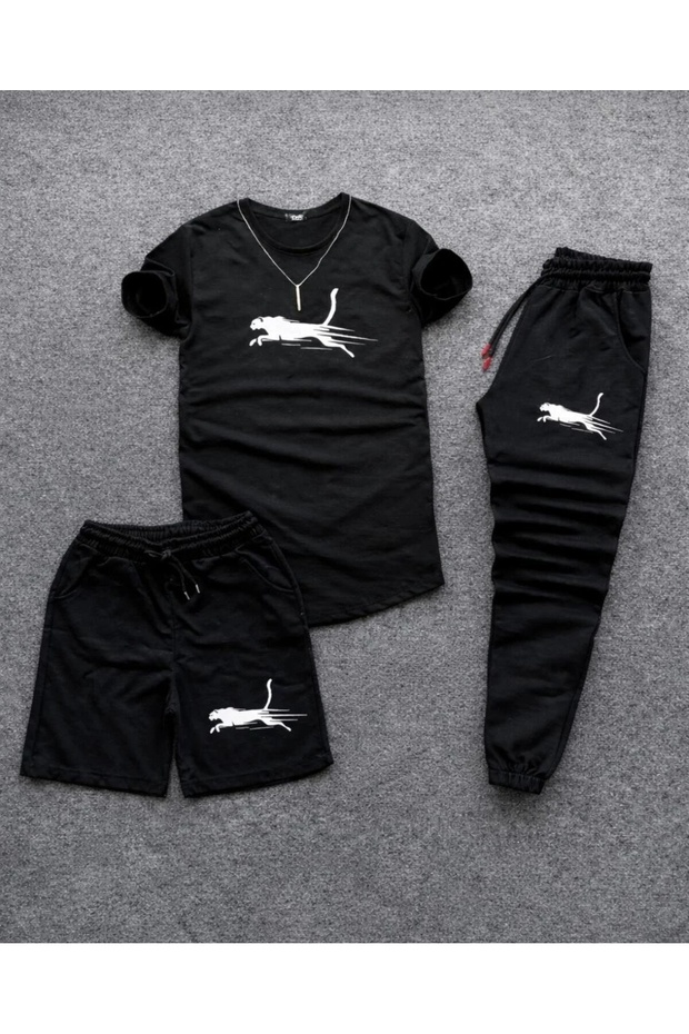 T-Shirt, Sweatpants, Shorts 3-Piece Combination Set Panter Printed Women'S/Men's Unisex Model
