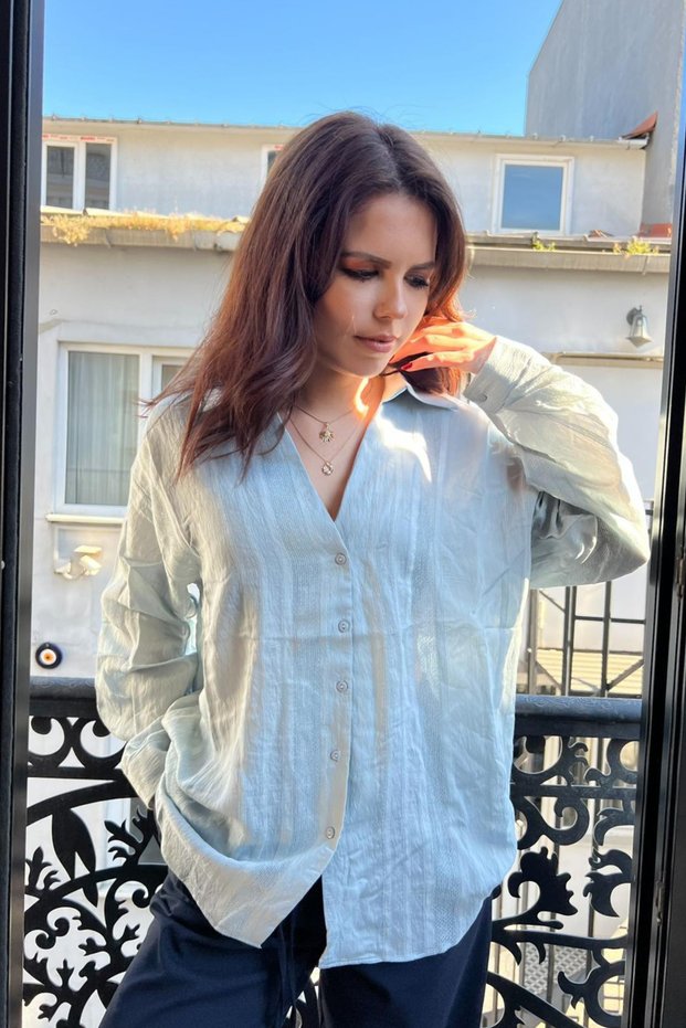 Women's Premium Oversize Self-Patterned Transparent Shirt Sun332