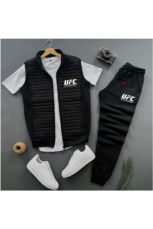 New Season Basic Ufc Printed Quilted Vest - Summer Sweatpants - T-Shirt 3-Piece Top and Bottom Set