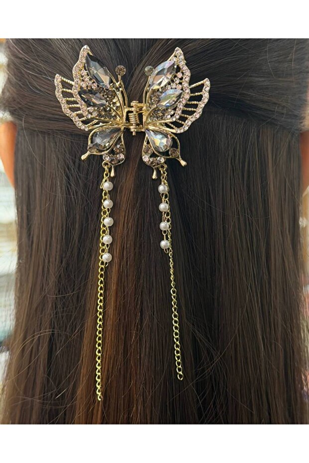 Hair Clip with Smoked Stone and Pearl Pendant