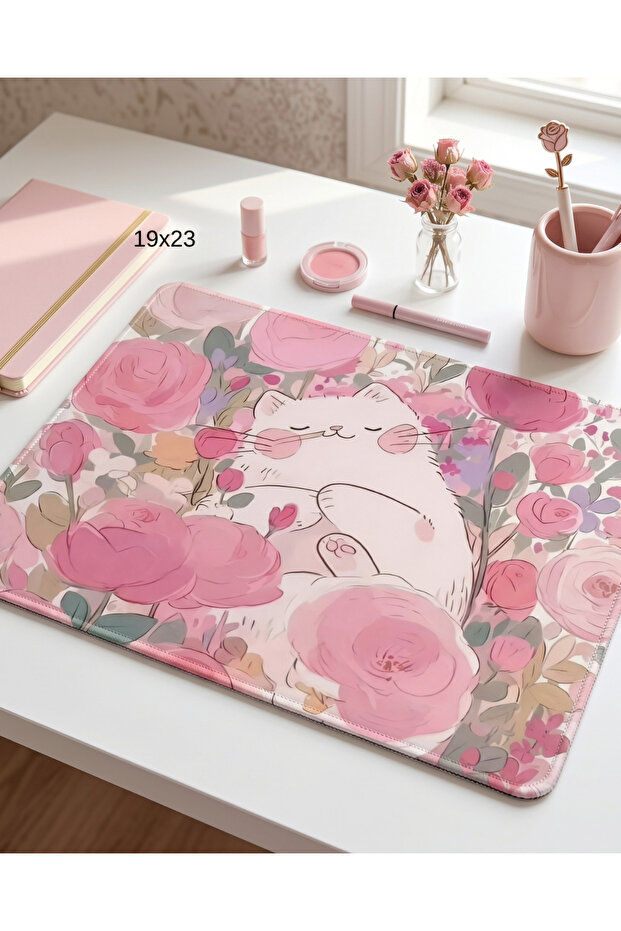 matizya Çiçekli Sevimli Kedi Desenli Mousepad | Pembe Girly & Kawaii Tasarım
