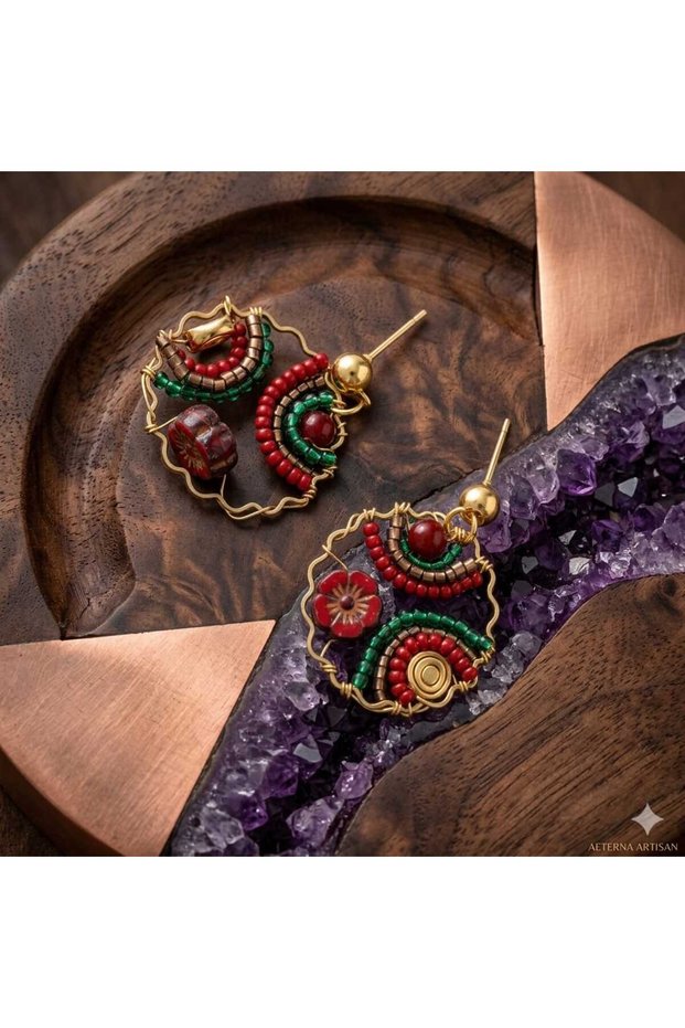 Handmade Burgundy, Red, Green Bohemian Short Women's Earrings