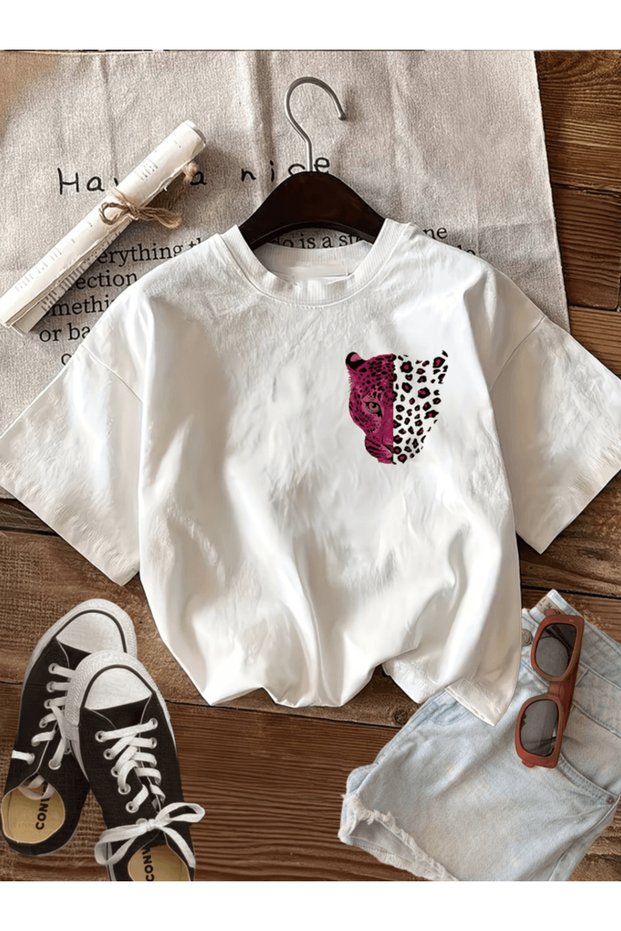 Pink Leopard Patterned Tiger Printed Premium Oversize T-Shirt