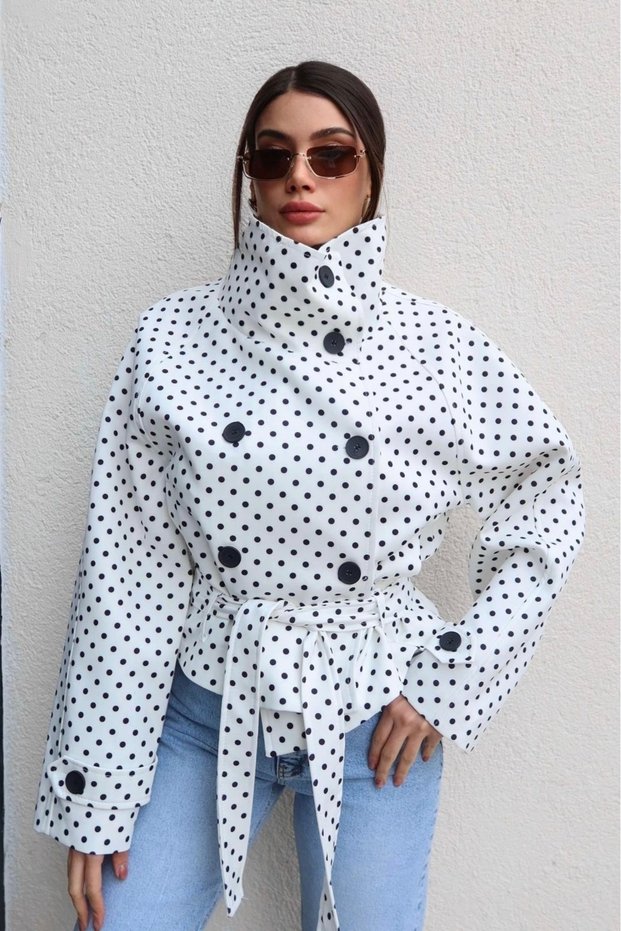 New Season Women's Polka Dot Stand Collar Short Belted Trench Coat