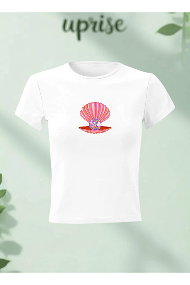 Pearl Disco Ball Printed Cotton Lycra Body Tee Crop T-Shirt