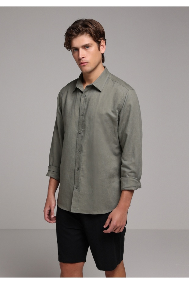 Regular Fit Shirt Neck Plain Men's Green Long Sleeve Shirt