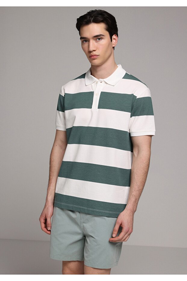 Regular Fit Polo Collar Striped Men's Green Short Sleeve T-Shirt
