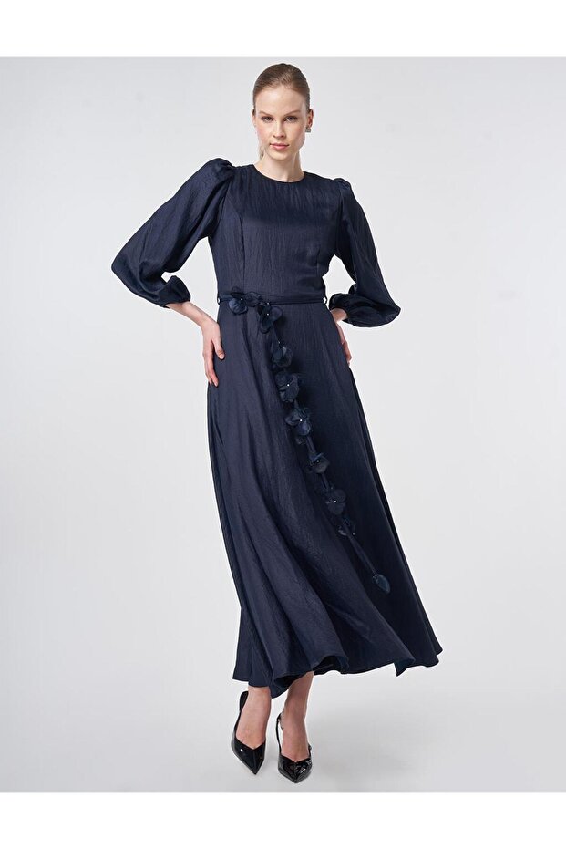 Floral Detailed Satin Dress Dark Navy Blue