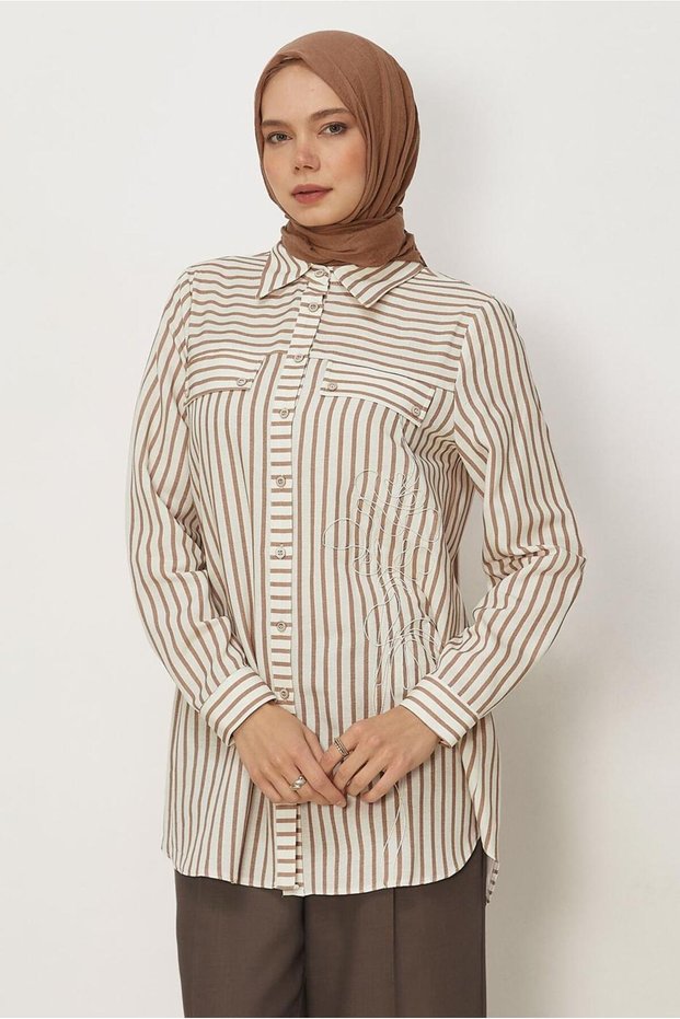 Striped Shirt Collar Tunic 46359